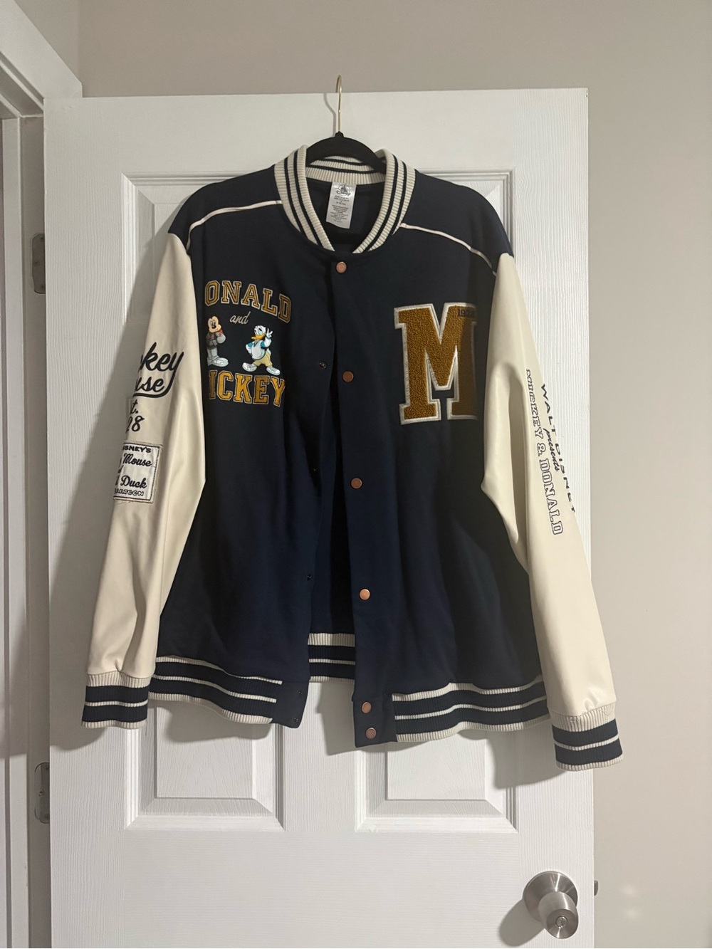 Navy & Cream Varsity Jacket with Donald & Mickey Embroidery